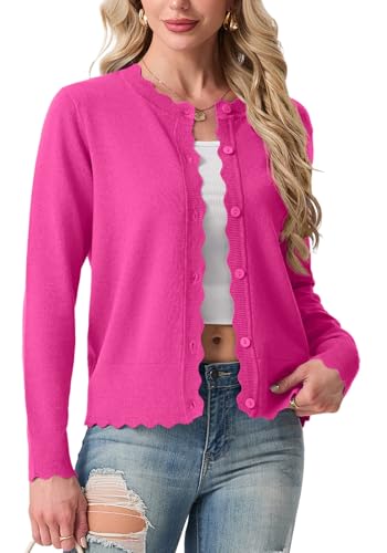 GRECERELLE Womens Lightweight Crewneck Button Down Hot Pink Cardigan Sweaters Scalloped Edge Soft Knit Cardigans for Dressy