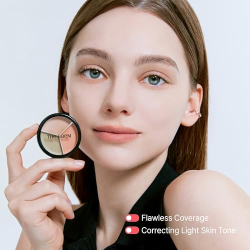 Image of THESAEM Cover Perfection Triple Pot Concealer 2-Pack Set - 03 Correct Up Beige & 04 Tone Up Beige - 6-Color Multi Concealer Palette Kit - Korean Makeup with Sweet Almond Oil for Light Skin Tones