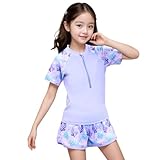 [Formemory] 水着 女の子 セパレート 2点セット ジュニア水着 半袖 子供 スイムパンツ キッズ スクール 小学生 スイムウェア キッズ ガールズ 女子 女児 上下セット UVカット 日焼け止め 紫外線対策 水遊び 温泉 海プール (JP, 身長, 150, パープル（パンツタイプ）)