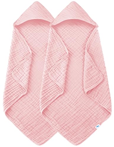 Image of SWEET DOLPHIN Muslin Hooded Baby Bath Towels - 2 Pack 100% Cotton Towel for Babies, Infants, Toddlers - 32x32Inch - Highly Absorbent and Newborn Essential, Pink