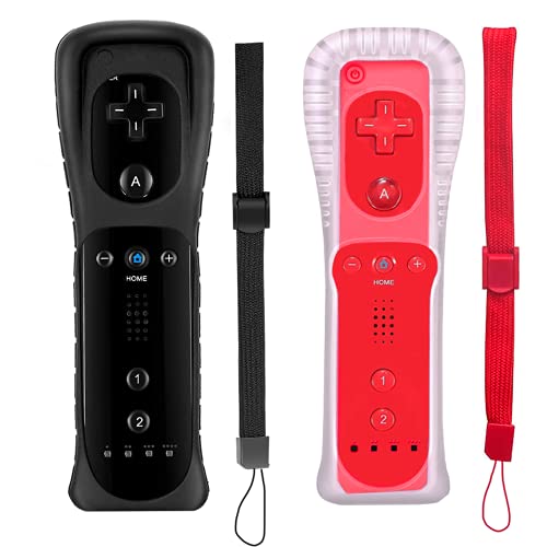 PGYFDAL 2 Packs Classic Remote Controller Compatible for Wii Wii U Console, Gamepad with Soft Silicone Sleeve and Wrist Strap (Black and Red)