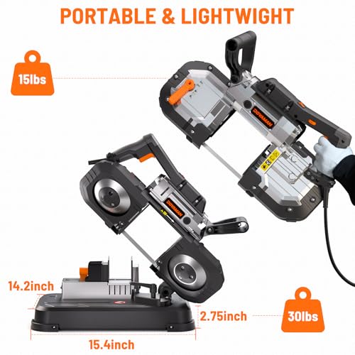 DOVAMAN Portable Bandsaw, 10A 5 Inch Cutting Capacity Handheld Corded Band Saw, 6-Speed 0°- 45° Adjustable Angle Band Saws, For Woodworking For Cutting Metal, Includes 2 Saw Blades