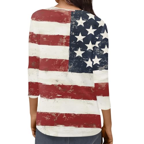 Image of 4th of July Shirts Women 3 /4 Length Sleeve Womens Tops Henley Neck Casual Patriotic T Shirts