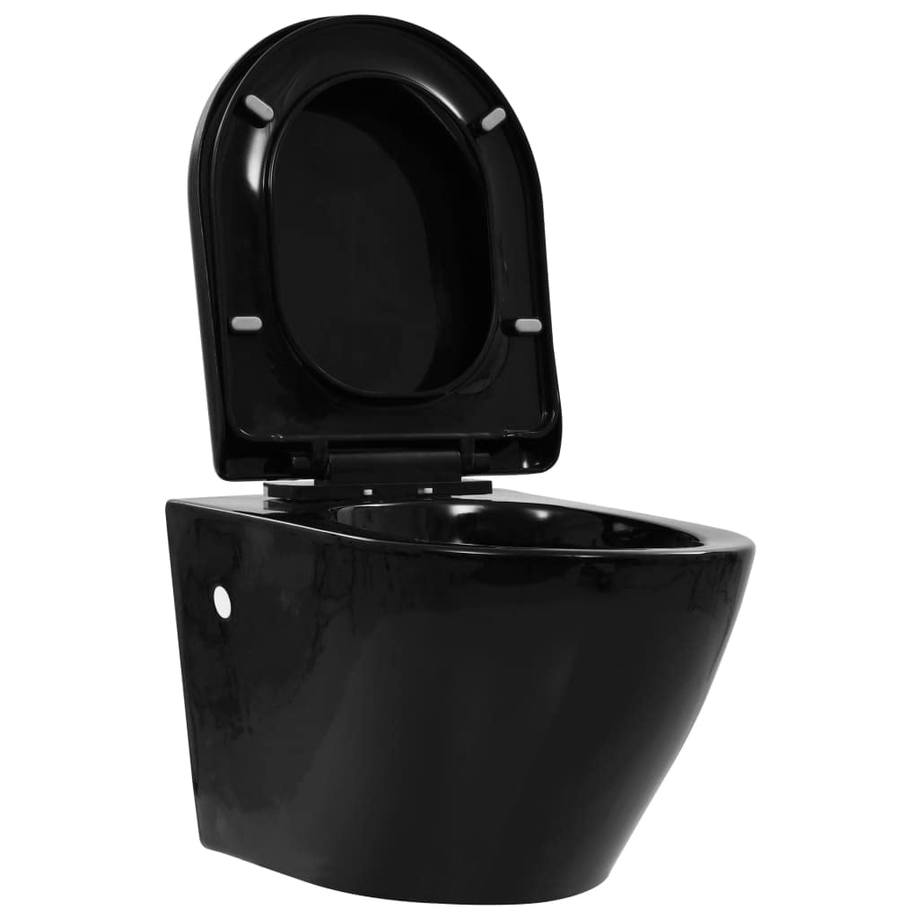 Inodoro colgante con cisterna empotrada, inodoro de cerámica negra sin borde, asiento de cierre suave, montaje en pared, ahorro de agua, con kit de montaje y descenso automático para baño y