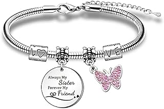 HULALA Sister Charm Bracelet Gifts From Sister For Birthday Christmas Always My Sister Forever My Friend Jewellery Gifts Pink Butterfly Pendant
