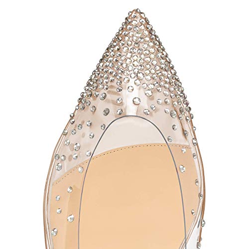 Xyd Women Fashion Rhinestones Mesh-Clear Ballet Flats Pointed Toe Spikes Rivets Sequins Dressy Shoes Size 11 Champagne-Clear #TOP1