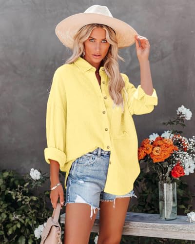 Paintcolors Women's Button Up Shirts Roll-Up Sleeve Cotton Blouses V Neck Casual Tunics Solid Color Tops with Pockets4
