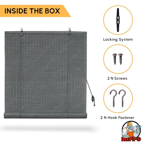 Image of HIPPO Bamboo Curtains - W-4 FT X H-9 FT Rope Mechanism Roll Up Down Indoor Bamboo Shade for Sun & Dust Protection for Home Window, Balcony, Restaurant, Hotel, Resort (Grey)