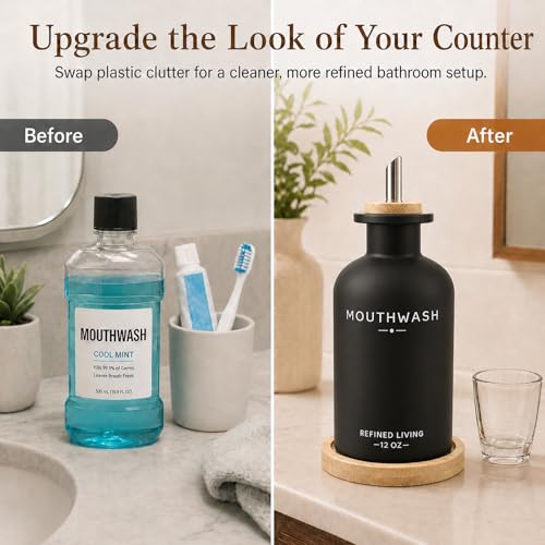 Image of Mouthwash Dispenser for Bathroom, 12 OZ Refillable Glass Mouthwash Bottle with Cup and Bamboo Tray, Decorative Mouth Wash Dispenser Set for Bathroom (Black)