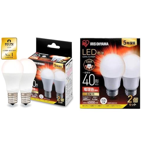 【セット買い】【E17】アイリスオーヤマ LED電球 40W形 電球色 口金直径17mm 広配光 形 2個パック 440? 密閉器具対応 LDA4L-G-E17-4T62P + 【E26】アイリスオーヤマ LED電球 40W形相当 電球色 口金直径26mm