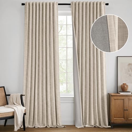 MIULEE Beige 100% Blackout Linen Curtains 96 Inch 2 Panels Set Double Sided No Coating Pinch Pleated Back Tab Floor to Ceiling Black Out Thermal Insulated Bedroom Living Room Darkening Window Drapes