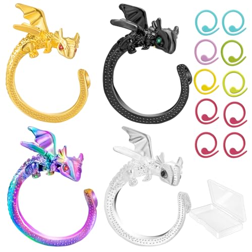 Image of HUISUYTON Dragon Crochet Rings, 4Pcs Crochet Tension Rings, Adjustable Yarn Ring for Finger, Knitting Crochets Loop Ring for Women Mother Grandma Gifts