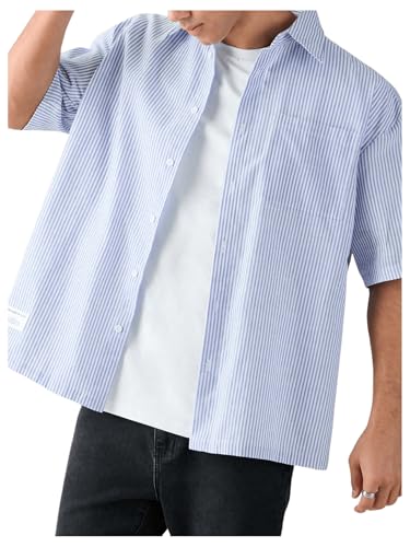 Men's Striped Oversized Tshirts Button Up Letter Patched Half Sleeve Baggy Shirt