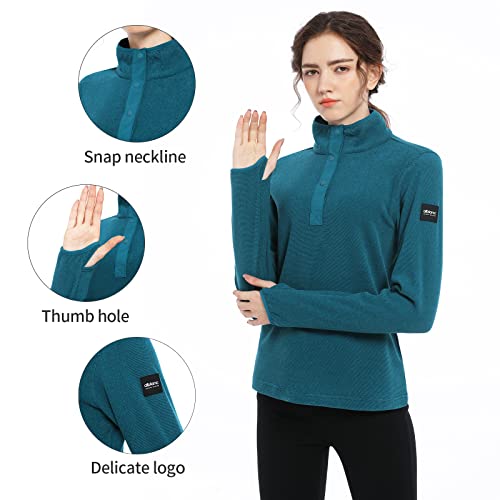 Alblanc Fleece Pullover Women,Lightweight Soft Long Sleeve Womens Fall Tops With Thumb Hole,Snap Neck Pullover,Dark Cyan L #TOP2
