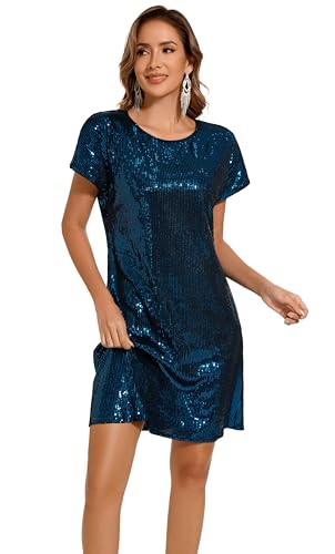 Image of Women's Crewneck Sequin Shift Dress Short Sleeve Casual Holiday Sparkly Party Dress