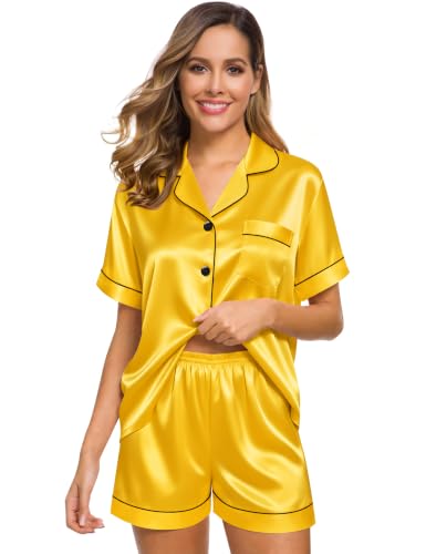 Image of SWOMOG Womens Silk Satin Pajamas Set Short Sleeve Sleepwear Button Down Top and Shorts Loungewear 2 Piece Pjs Set XS-3XL