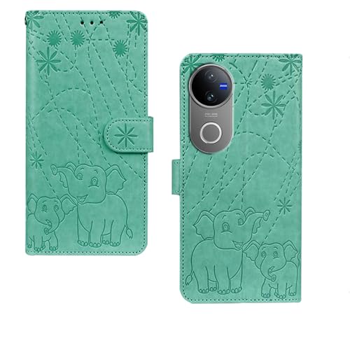 Image of Inktree Vivo V50 5G Flip Cover | Leather Finish | Complete Protection Flip Case for Vivo V50 5G - Green Elephant