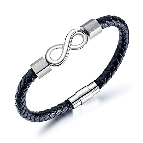 ATEIELLI Pulsera para hombre de piel sintética trenzada y acero inoxidable JWB307 Plata-infinitos Cover