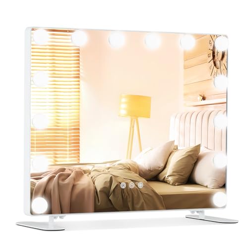 COSTWAY Espejo Maquillaje con Luz 14 Bombillas LED, 2 en 1 Espejo de Mesa & de Pared, Espejo Tocador Rectangular con 3 Modos de Iluminación, Control Táctil, Tornillos Adapataor de Corriente, 50x40
