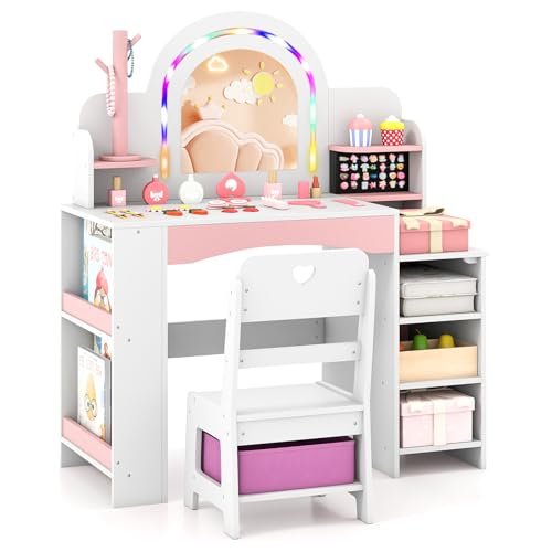 Image of Costzon Kids Vanity, Girls Vanity Set with Lighted Mirror, Bookshelf, Jewelry Storage, Toddler Makeup Vanity Desk Dressing Table, Wooden Kids Vanity Table and Chair Set (White)