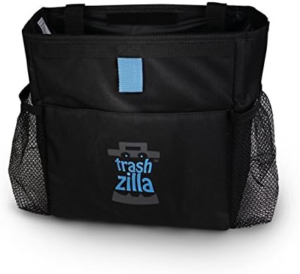 TrashZilla Hanging Car Trash Can - Backseat Organizer & Auto Trash Bag - Large Front Pocket for iPads, Books, Brushes & Small Toys + 2X Bottle Holders - Sturdy Container Fits Any Car or SUV Headrest