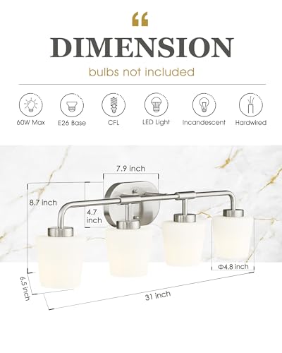 Image of 4-Light Brushed Nickel Bathroom Light Fixtures Over Mirror | Vanity Lighting Fixtures with Milk White Glass, Vintage Farmhouse Wall Sconces Lighting, AD-22004-4W-SN