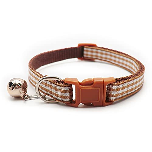 Small Dog Puppy Pet Collar Check Checkered Design with Bell Nylon Adjustable Size 19-32cm Brown - Image 2