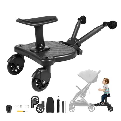OUBUBY Tabla de paseo para todos los cochecitos, tabla con asiento de cochecito, 360° de diseño de dos ruedas, plataforma universal apta para niños de 3 a 7 años, con una carga máxima de 55 libras