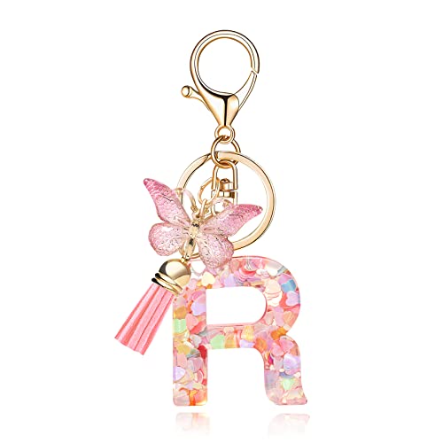 OKAICEN Fashion Alphabet Initial Letter Keychain Tassel Butterfly Pendant Key Ring for Purse Handbags Women Girl ('R')