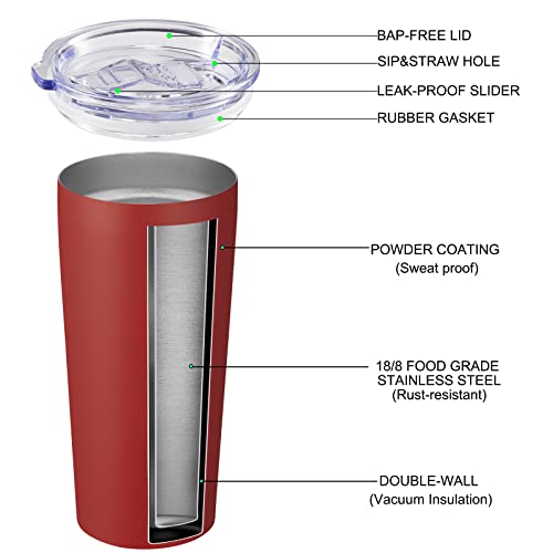 Image of VEGOND 20oz Tumbler Bulk with Lid and Straw 1 Pack, Stainless Steel Vacuum Insulated Tumbler, Double Wall Coffee Cup Travel Mug, Red
