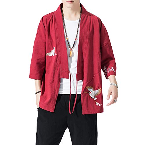 Image of PRIJOUHE Men's Kimono Jackets Cardigan Lightweight Casual Cotton Blends Linen Seven Sleeves Open Front Coat Outwear