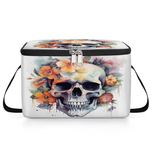 GzLeyigou Sugar Skull Flowers Lunch Bags for Women Men 9 Cans, Hot & Cold Food Delivery Bag Insulated Grocery Bag Insulated Lunch Box Skull Flower Cooler Bag for Office Work Picnic Beach