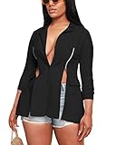 Women Casual Jacket Coat Long Sleeve Sexy Lightweight Slim Fit V Neck Open Front Zipper Split Blazer