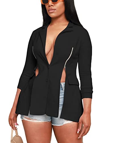Annystore Women Casual Jacket Coat Long Sleeve Sexy Lightweight Slim Fit V Neck Open Front Zipper Split Blazer Jacket Black S