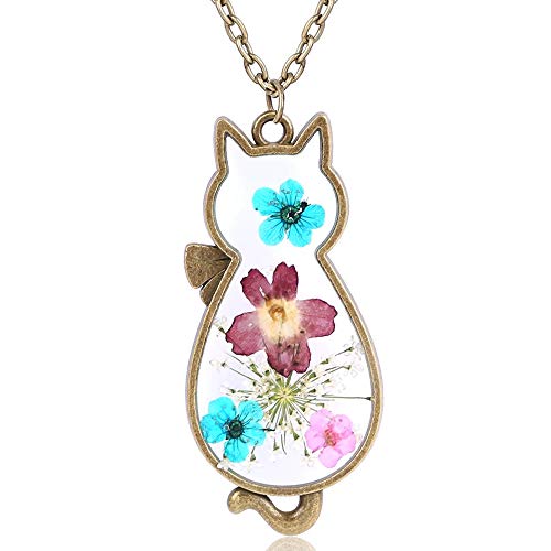 Jude Jewelers Retro Vintage Cat Shape Dry Flower Charm Pendant Necklace - Main Image