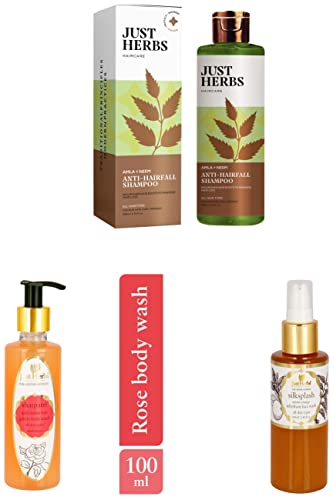 Image of Just Herbs 8 in 1 Root Nourishing Amla Neem Hair Fall Control Shampoo &Just Herbs Ayurvedic Silksplash Face Wash &Just Herbs Organic Rose Shower Gel Body Wash