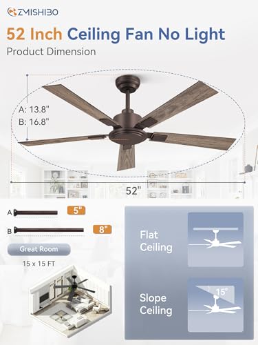 ZMISHIBO 52 Inch Ceiling Fan without Light, Farmhouse Ceiling Fan No Lights, Quiet Reversible DC Motor, 6-Speeds, Brown Ceiling Fans with Remote for Living Room, Bedroom, Patio, Indoor/Outdoor Use thumbnail 6