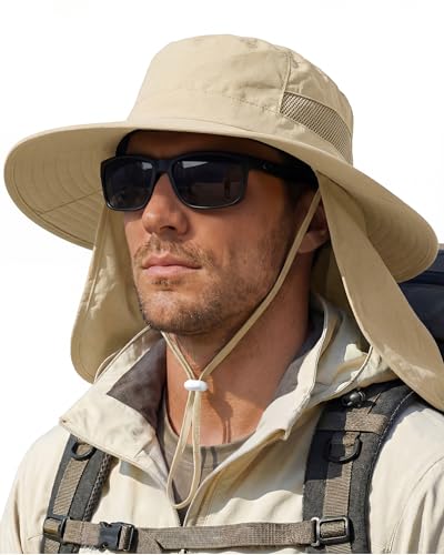 Image of Sun Hats for Men Wide Brim Bucket Hat with Neck Flap for Fishing & Hiking Mens Sun Hat for UV Protection