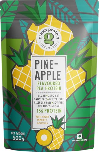 Image of GREEN PROTEIN Pea Protein Isolate Powder, Vegan Plant Protein, No Added Sugar, 100% Vegan, Soy Free, Dairy Free, Gluten Free, Allergen Free, Pineapple Flavor, 15g Protein Per Serving, Pouch (500g)