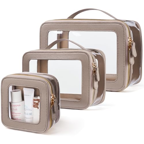 Oaque Clear Cosmetic Bag Set for Women Makeup Bag with Handle, 3 Pcs Travel Toiletry Bag Transparent Cosmetic Case Portable Make Up Organizer Bag for Essentials (Stone, Mini+S+L)