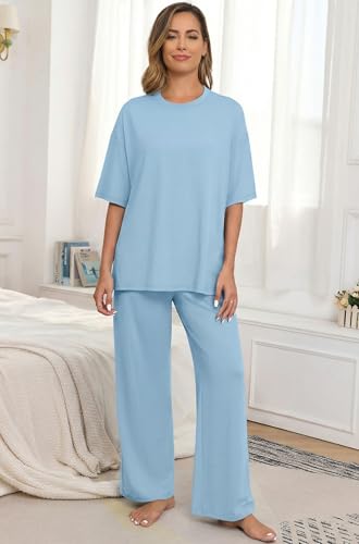 Image of PrinStory Womens Pajamas Sets 2 Piece Lounge Set Short Sleeve Tops and Long Pants Soft Pjs Loungewear with Pockets