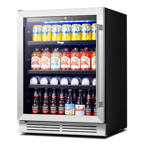Image of Yeego Beverage Refrigerator Cooler - 24 inch 180 Cans Mini Fridge with Glass Door, 34-54 ℉ Under Counter Refrigerator Built-in for Wine Beer Soda for Bar Bedroom Office(Left-Hinged)
