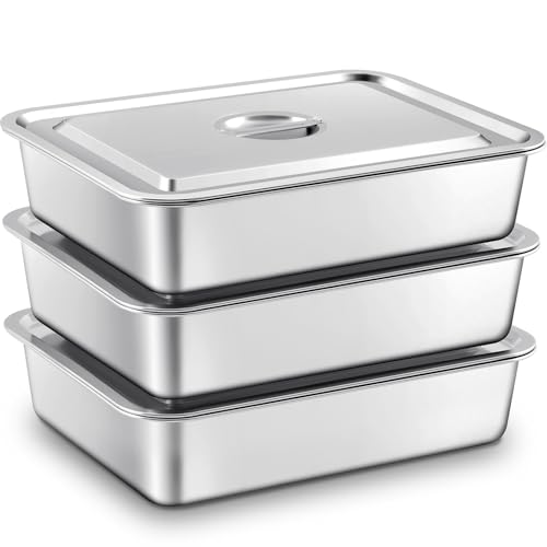Tiangrid 3 Pcs Stainless Steel Bus Tubs with Lid 4" Deep Meat Commercial Tote Box Dishwashing Utility Prep Tub Table Pans, Silver (17.7 x 13.7 Inch)