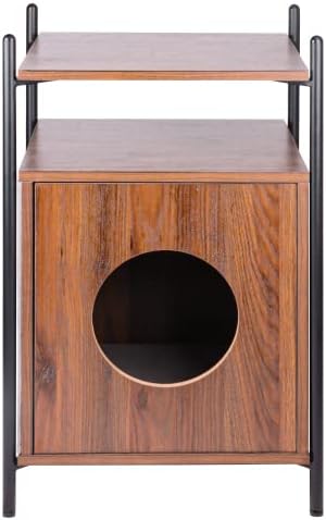 Cat Litter Side Table - Multifunctional Wooden Hidden Cat Cabinet Furniture with Open Storage Shelves - Pet Side End Table Cat Enclosure Nightstand for Living Room, Dark Brown
