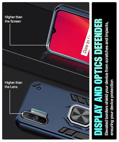 Image of WOW IMAGINE Shock Proof Back Case Mobile Cover for Realme C3 (Armor | Hybrid PC + TPU | Full Protection with Ring Holder Kickstand | Carbon Blue)