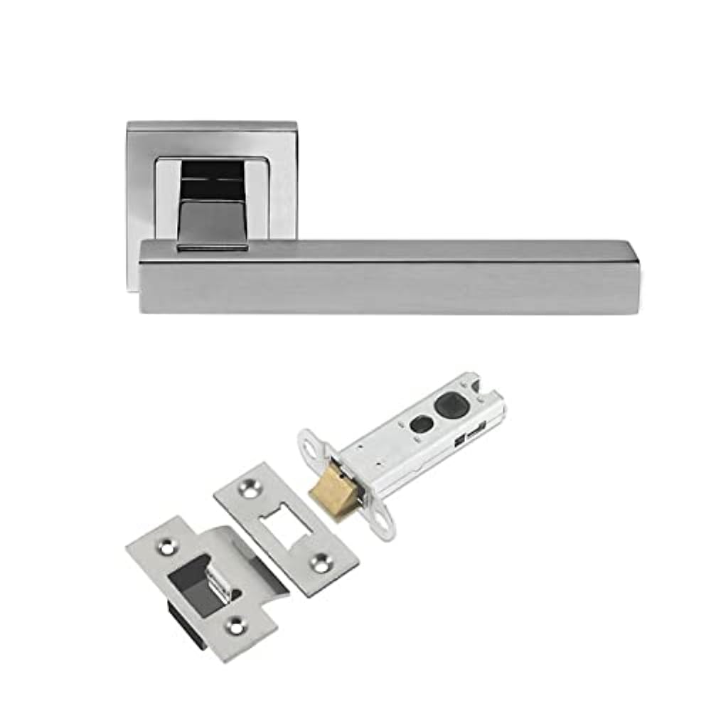 EUROART Satin/Polished Stainless Steel Door Handles Lever on Square Rose - Solid Tubular Latch Pack with Hinges