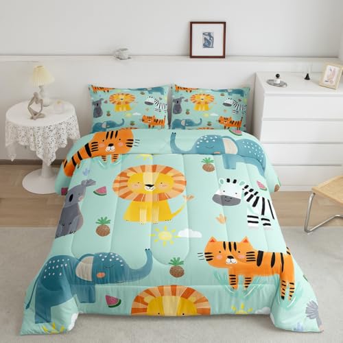 Image of Feelyou Kids Cute Zoo Animal Comforter Set Twin Size, Cartoon Lions Bedding Set Zebra Elephant Comforter for Boys Girls Kawaii Duvet Insert with 1 Pillow Case