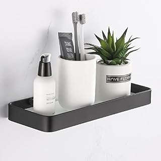 GERUIKE Glass Shelf, Black Shower Shelf, Space Aluminum Bathroom Shelves, Wall Mounted Shower Caddy Storage Organizer, Rustproof Bathroom Accessories, Nail Free,30cm