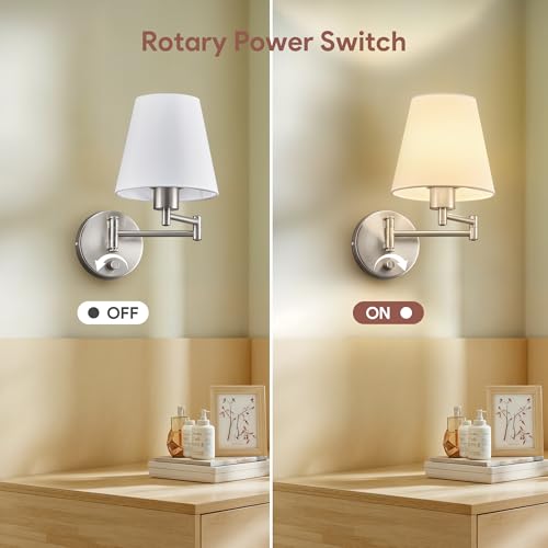 Image of VONLUCE Wall Sconce Set of 2, Plug in & Swing Arm Wall Lamps, Nickel Finish | Modern Wall Lights with White Fabric Shades, Plug in & Hardwired Wall Mounted Light for Bedside, Living Room, Hallway