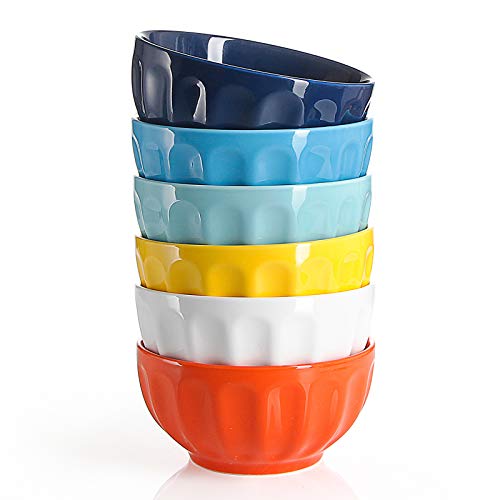 SWEESE PORCELAIN CEREAL BOWLS - 18 OUNCE FLUTED BOWL SET FOR CEREAL SOUP - SOUP BOWLS SET OF 6 HOT ASSORTED COLORS NO.126.002